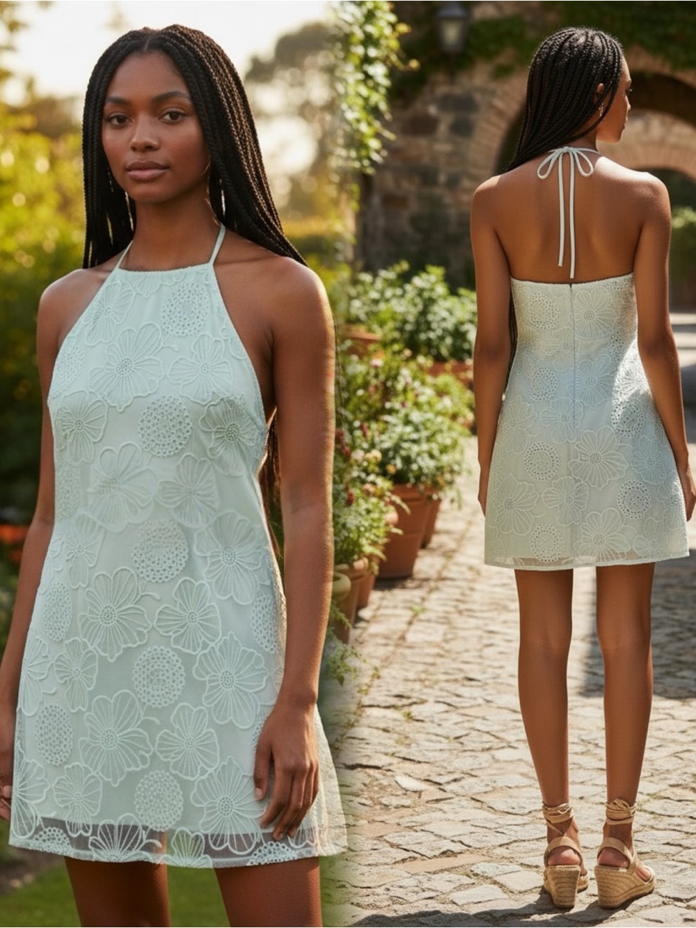 NWT Lulus Pale Mint Floral Embroidered Halter Dress - Medium